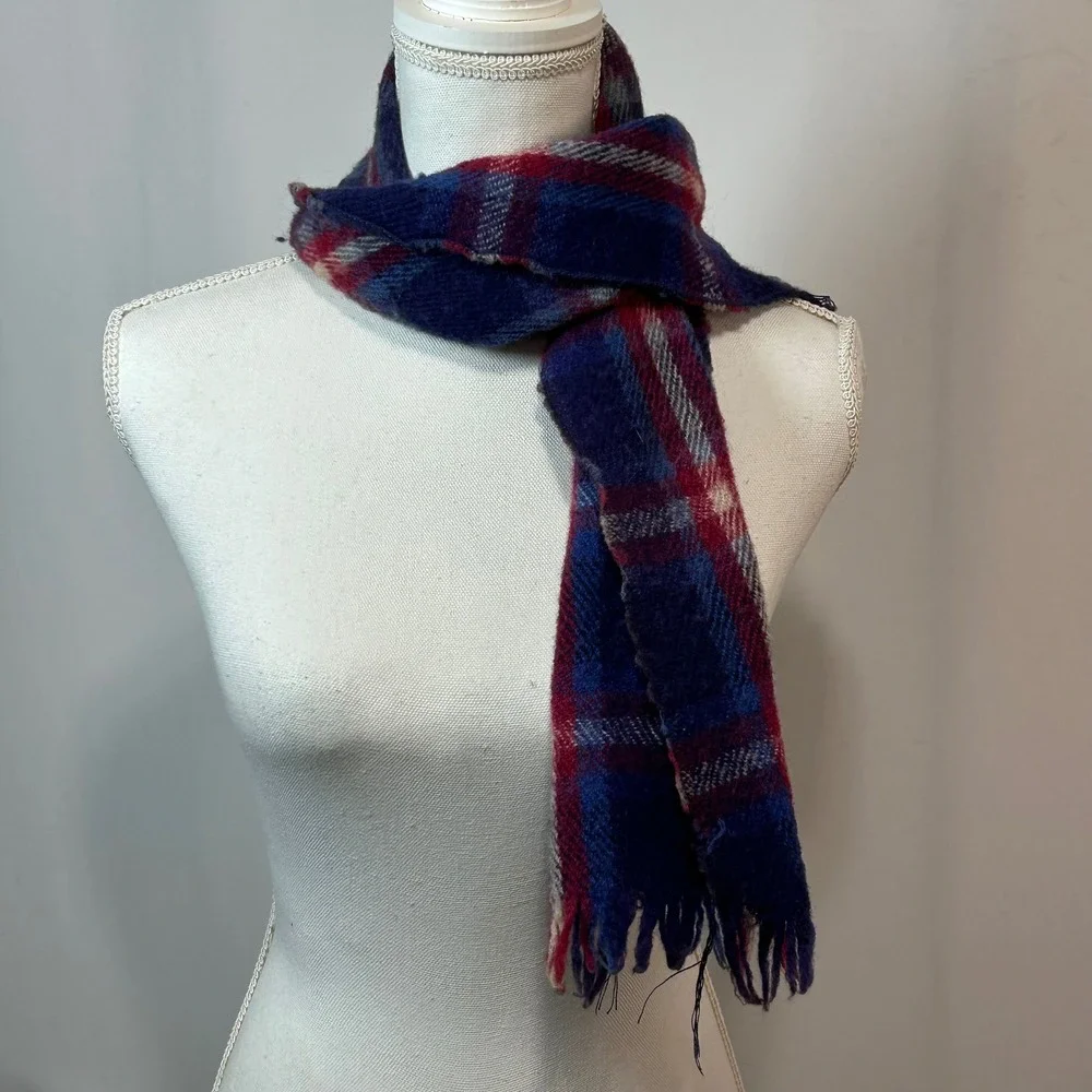 Mens Plaid Scarf Wool‎ Blend Navy Blue Red Fringe Winter Warm Accessory